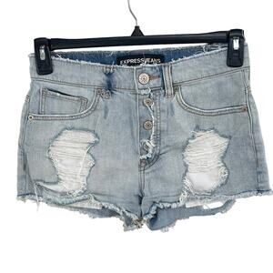 Express SZ 4 Jean Shorts Mid-Rise Distressed Button-Fly Light Wash Frayed Blue